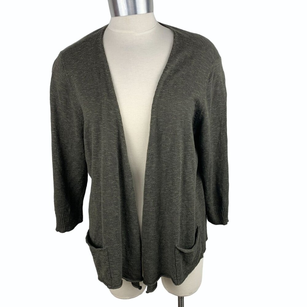 Eileen Fisher Womens Open Front Cardigan Sweater Size Large Green Linen/Cotton